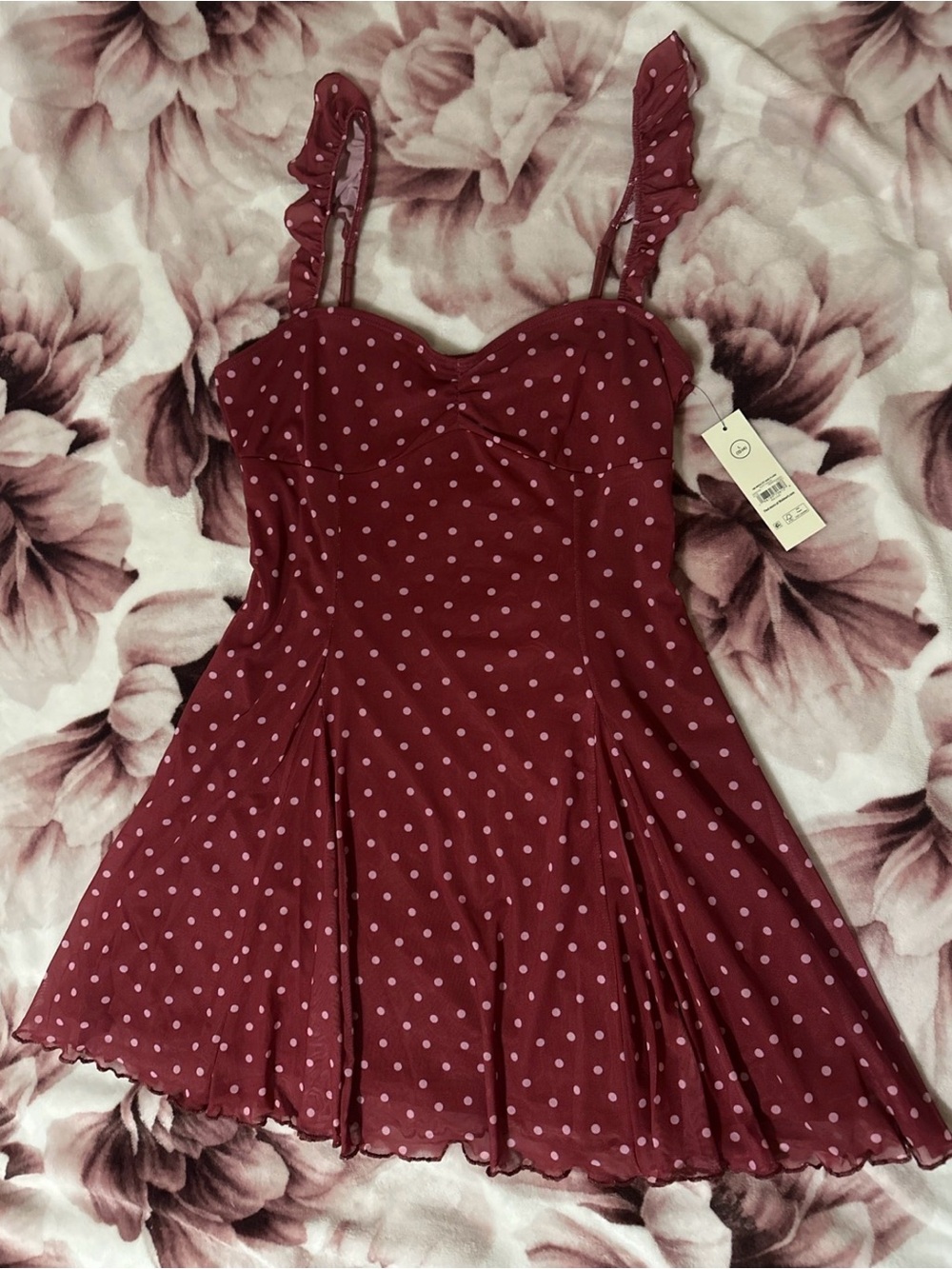 No Boundaries Burgundy Mini Dress with Pink Dots